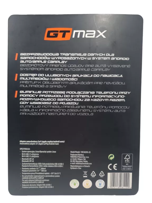 BEZPRZEWODOWY ADAPTER SAMOCHODOWY GT MAX 1WCA0393-25