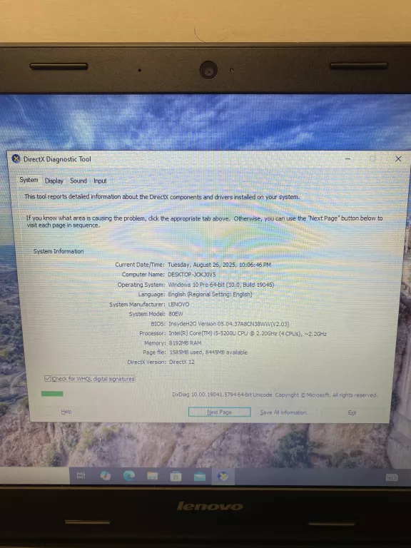 LAPTOP LENOVO B50-80 I5 8GB RAM 1TB HDD OPIS