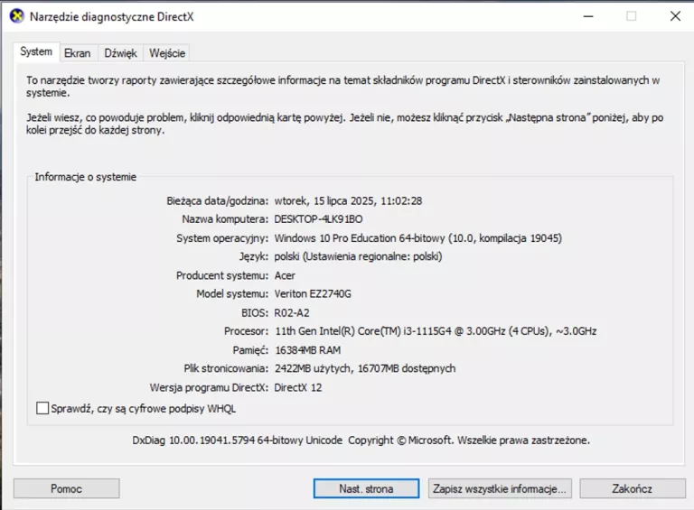 KOMPUTER ALL IN ONE ACER VEZ2740G 23,8" I3-1115G4 8GB RAM 256GB SSD