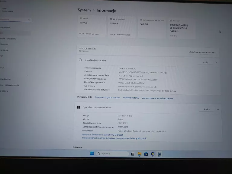 LAPTOP THINKPAD X280 12,5" CORE I5-8250U 16GB 512GB SSD FHD W11H