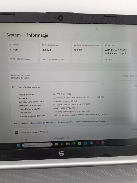 LAPTOP HP 15S-EQ RYZEN 3 5300U 16GB 512GB SSD