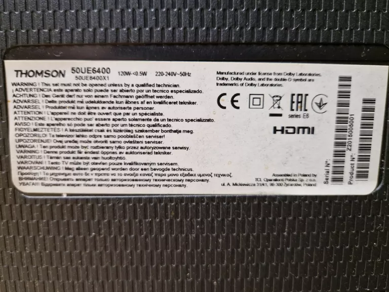 TELEWIZOR THOMSON 50UE6400 50" 4K ULTRA HD SMART TV DVB-T2