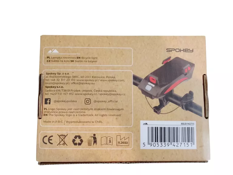 SPOKEY LAMPKA ROWEROWA Z KLAKSONEM BATERIĄ UCHWYTEM NA SMARTFONA MICRO USB