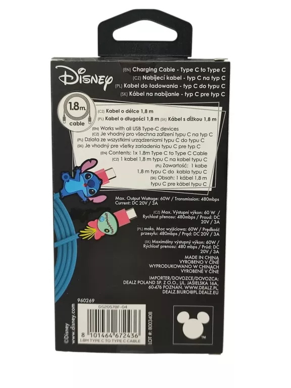 KABEL DO ŁADOWANIA USB-C DO USB-C LILO I STICH 180 CM - SZYBKIE ŁADOWANIE