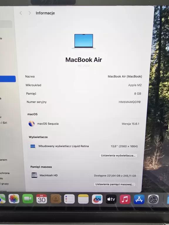 LAPTOP APPLE MACBOOK AIR 2022 M2 A2681 8/256GB