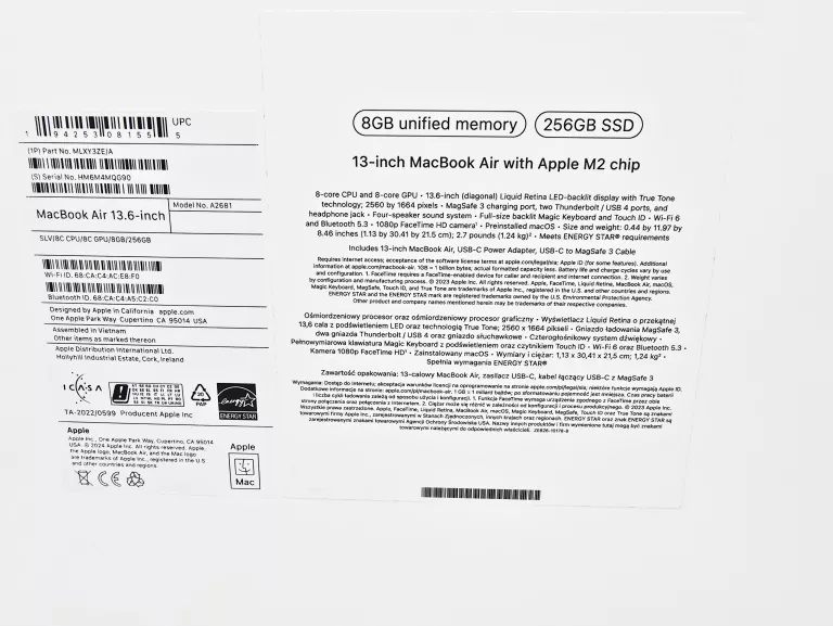 LAPTOP APPLE MACBOOK AIR 2022 M2 A2681 8/256GB