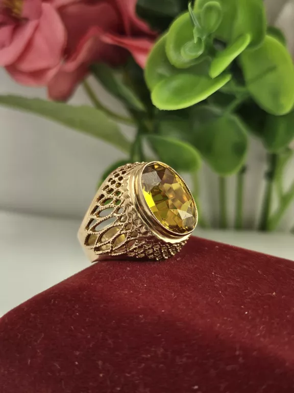 ZŁOTY PIERŚCIONEK Z ŻÓŁTYM KAMIENIEM CYTRYNEM W RETRO STARYM STYLU 583 R.1