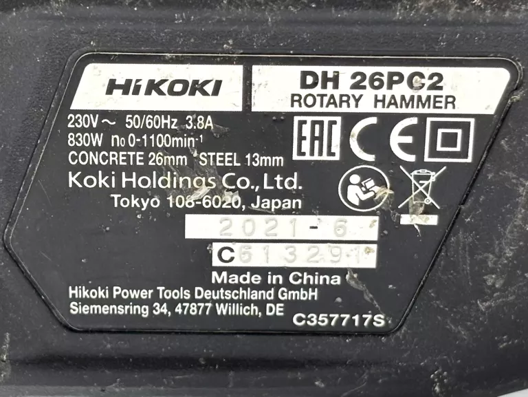 MŁOTOWIERTARKA HIKOKI DH26PC2 830W 3,2J SDS PLUS 1100RPM (2021R)