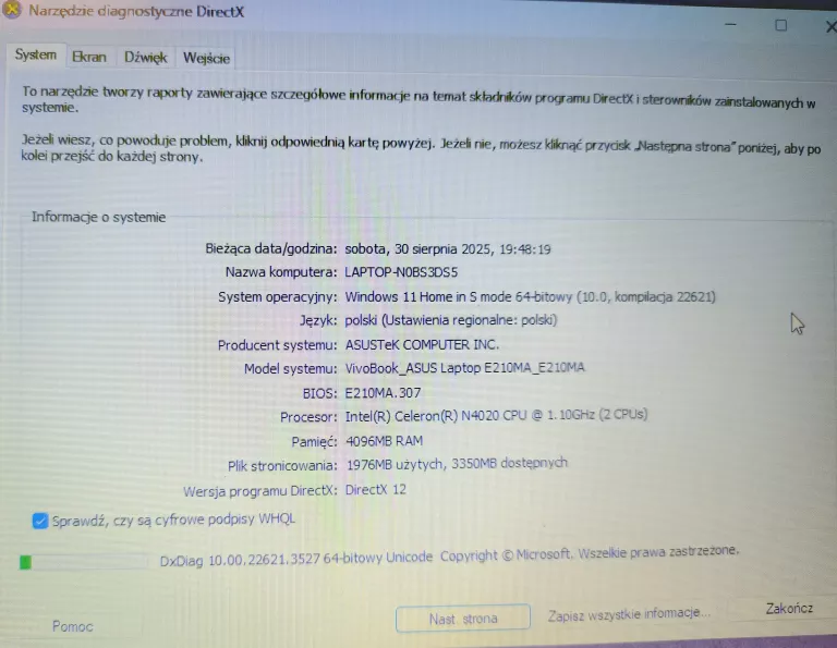 LAPTOP ASUS VIVOBOOK E210MA-GJ001TS INTEL CELERON N4020 WIND11+ŁADOWARKA
