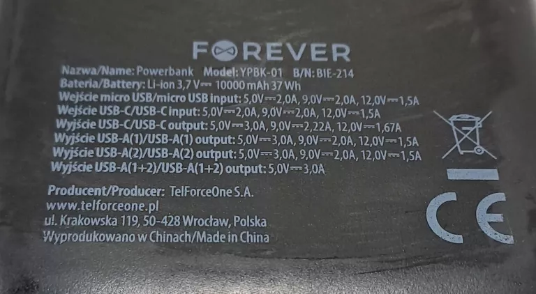 POWERBANK FOREVER YPBK-01 10000MAH