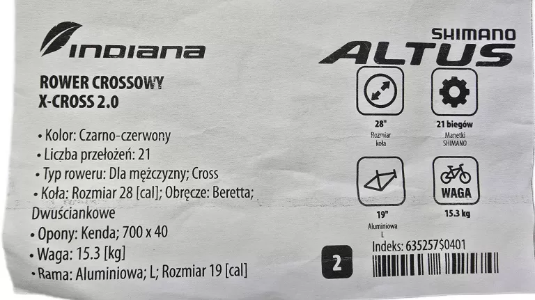 ROWER INDIANA X-CROSS 2,0 DOKUMENTY!