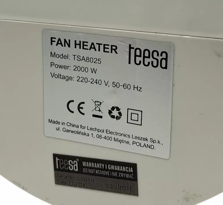 TERMOWENTYLATOR FARELKA GRZEJNIK TEESA 2000W