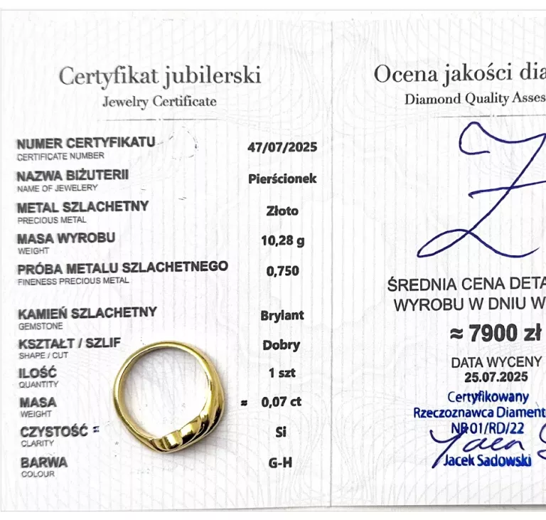 ZŁOTY PIERŚCIONEK Z BRYLANTEM 10,28GR PR 750 R: 19