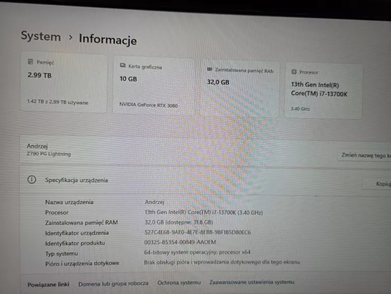 KOMPUTER STACJONARNY I7-13700K 32GB RAM GEFORCE RTX 3080 10GB DYSK 3TB
