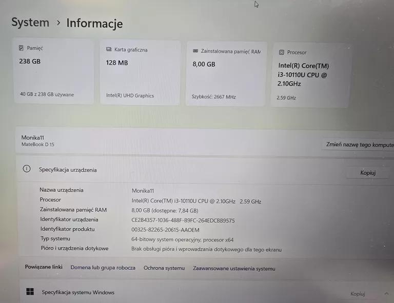LAPTOP HUAWEI MATEBOOK D15 BOB-WAI9Q 256GB/8GB/I3/WIN11HOME!