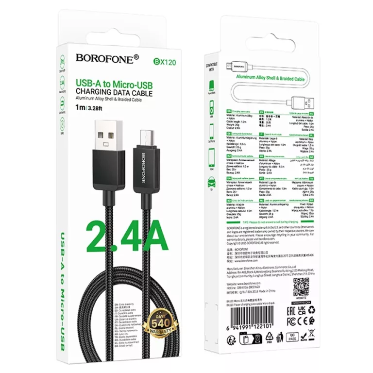 KABEL BOROFONE BX120 PLACER USB - MICRO USB 2.4A 1M CZARNY