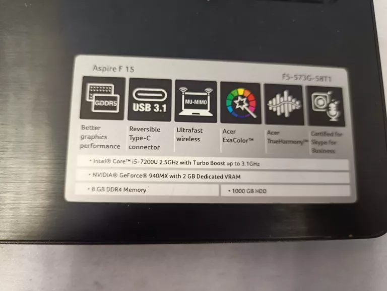 LAPTOP ACER F5-573G I5-7200U 8GB 1000 GF940MX