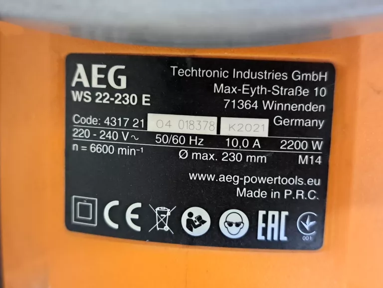 SZLIFIERKA KĄTOWA AEG WS 22-230 E 2200W M14 230MM
