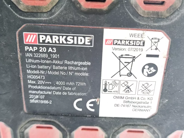 AKUMULATOR LITOWO-JONOWY PARKSIDE 20 V PAP 20 A3