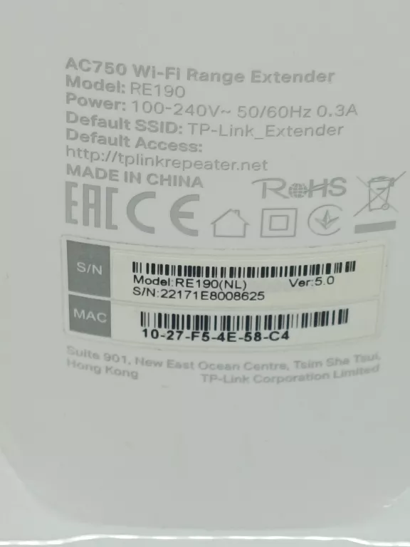 EXTENDER WZMACNIACZ REPEATER WIFI AC750 TP-LINK RE190 V5 750 MBPS ONEMESH