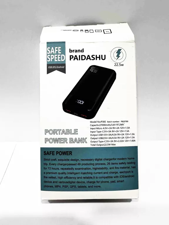 PAIDASHU POWER BANK 27000MAH POWERBANK 22.5W PD 2X USB USB-C TYPE-C KABEL