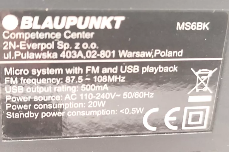 MICRO WIEŻA Z ODWARZACZEM CD/USB I RADIEM FM BLAUPUNKT MS6BK