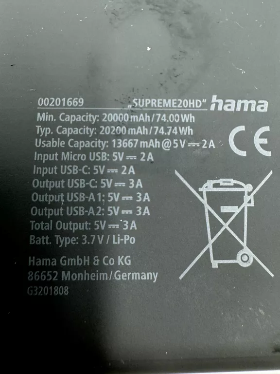 POWERBANK HAMA SUPREME 20000MAH