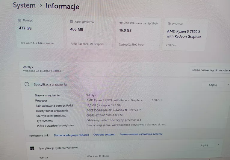 LAPTOP ASUS VIVOBOOK E1504FA-L1368W RYZEN 5 16/512 OLED