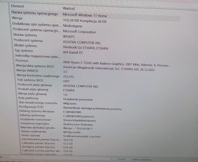 LAPTOP ASUS VIVOBOOK E1504FA-L1368W RYZEN 5 16/512 OLED
