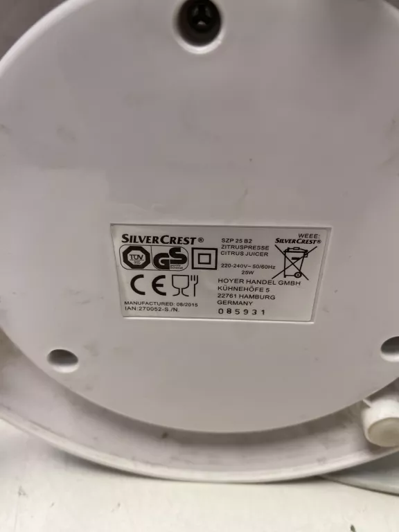 WYCISKARKA DO CYTRUSÓW SILVERCREST SZP 25 B2 BIAŁY 25 W