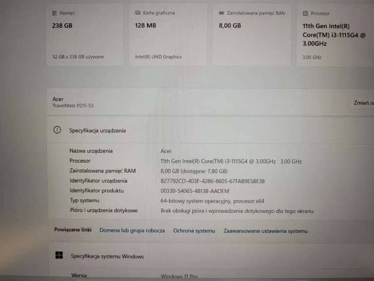 LAPTOP ACER TRAVELMATE P215-53 15,6 " INTEL CORE I3 8 GB / 256 GB CZARNY