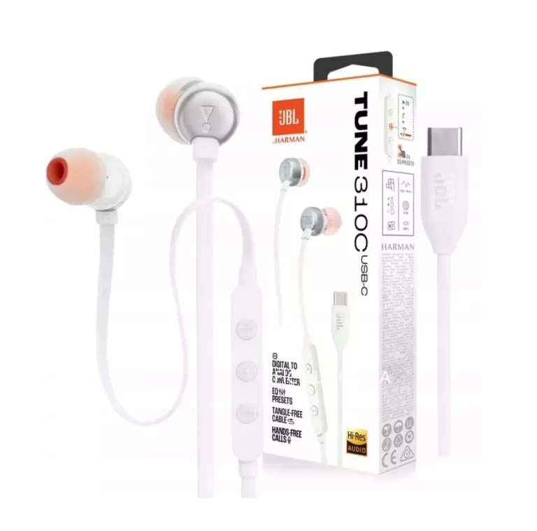 ORYGINALNE SŁUCHAWKI DOKANAŁOWE JBL TUNE 310C BIAŁE USB-C Z MIKROFONEM