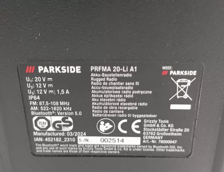 BEZPRZEWODOWE RADIO BUDOWLANE PARKSIDE PBRA 20-LI A1