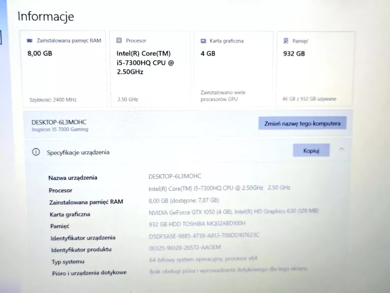 LAPTOP DELL INSPIRON 7577 P65F #I5-7TH / 8 RAM / HDD 1TB / GTX1050 NVIDIA