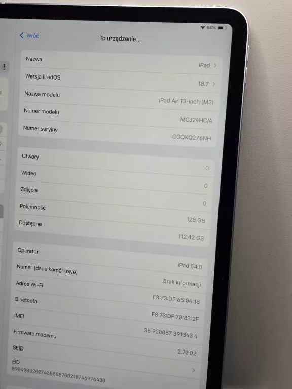 APPLE IPAD AIR 13" M3 128GB WI-FI + CELLULAR (7.GEN) NIEBIESKI