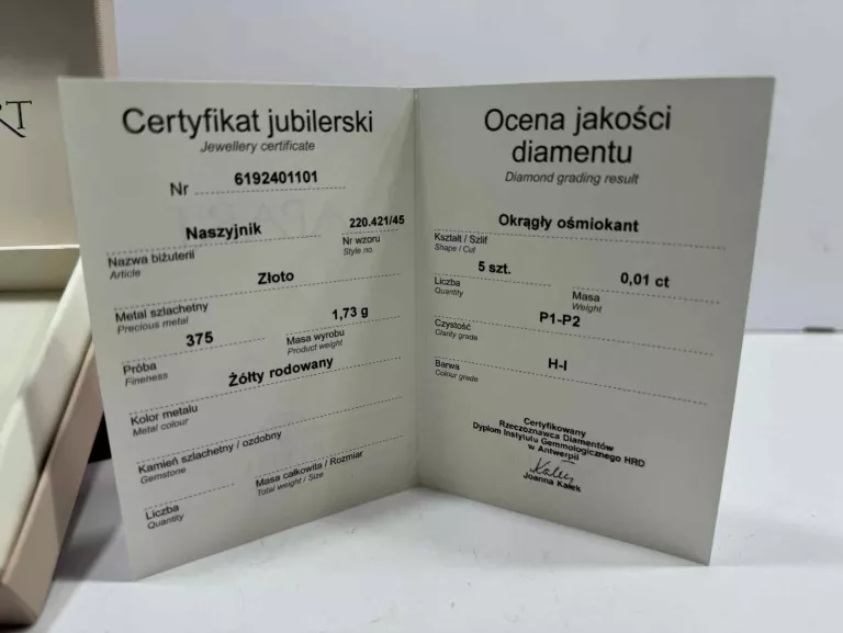 NASZYJNIK Z ŻÓŁTEGO ZŁOTA Z DIAMENTAMI 0,01 CT - PRÓBA 375 1.73G 45CM