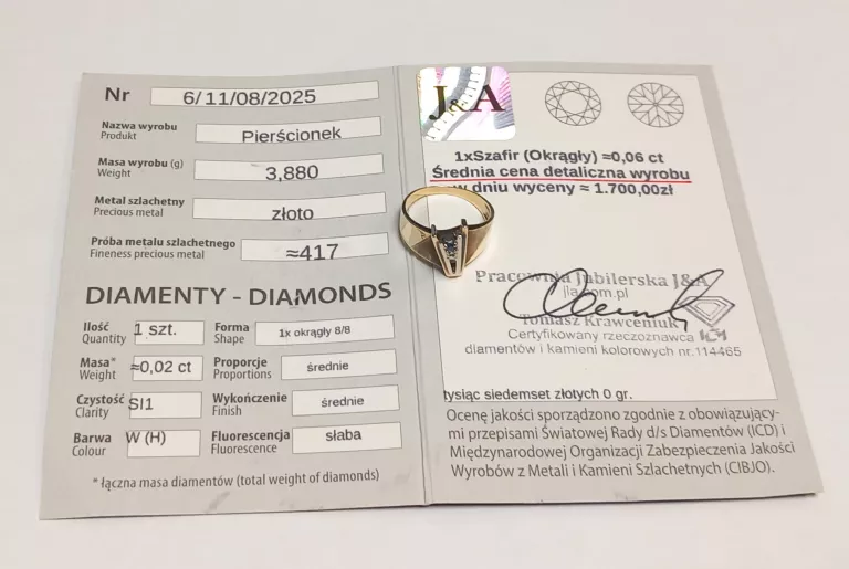 WYRÓB JUBILERSKI UŻYWANY PIERŚCIONEK Z SZAFIREM I DIAMENTEM R:12 585/3,880