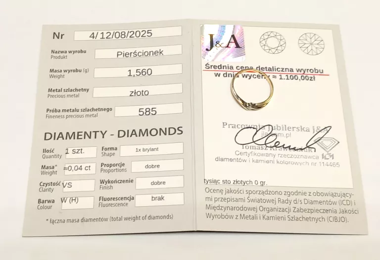ZŁOTY PIERŚCIONEK 585 - 1,57G - 13R Z BRYLANTEM