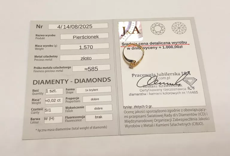 ZŁOTY PIERŚCIONEK 585 - 1,57G - 10R Z BRYLANTEM