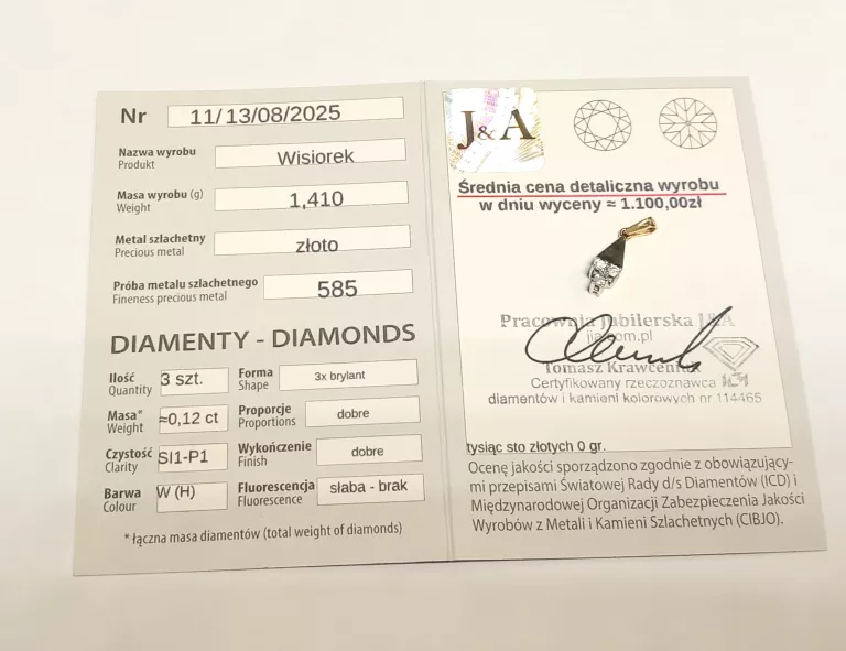 WYRÓB JUBILERSKI UŻYWANY ZAWIESZKA Z BRYLANTAMI 585/1,380
