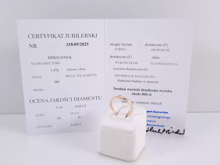 ZŁOTY PIERŚCIONEK Z DIAMENTAMI 0,02CT PR585 1,45G ROZM12 CERTYFIKAT