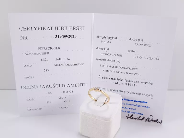ZŁOTY PIERŚCIONEK Z DIAMENTEM 0,05CT PR585 1,82G ROZM14 CERTYFIKAT