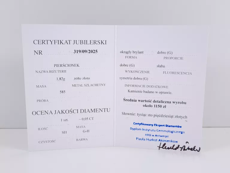 ZŁOTY PIERŚCIONEK Z DIAMENTEM 0,05CT PR585 1,82G ROZM14 CERTYFIKAT