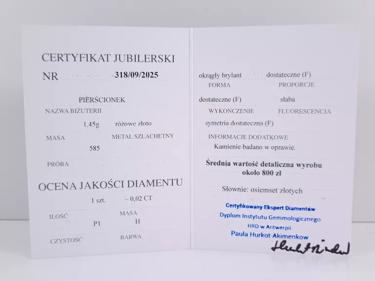 ZŁOTY PIERŚCIONEK Z DIAMENTAMI 0,02CT PR585 1,45G ROZM12 CERTYFIKAT