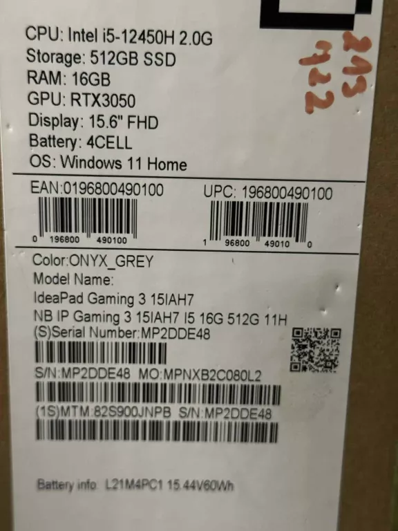 LENOVO IDEAPAD GAMING 3 15IAH7 15.6" IPS I5-12450H 16GB RAM 512GB SSD 3050