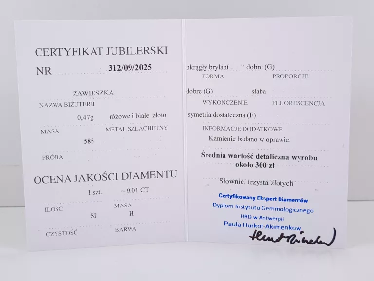 ZŁOTA ZAWIESZKA Z DIAMENTEM 0,01CT PR585 0,47G CERTYFIKAT
