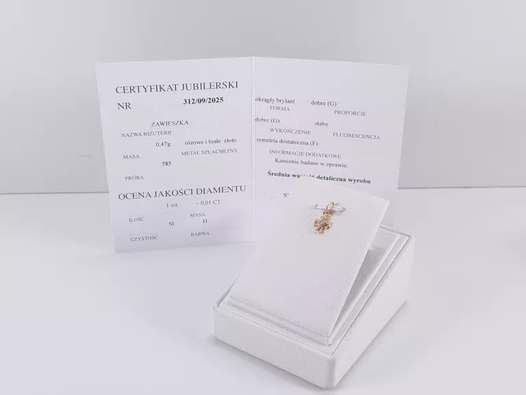 ZŁOTA ZAWIESZKA Z DIAMENTEM 0,01CT PR585 0,47G CERTYFIKAT