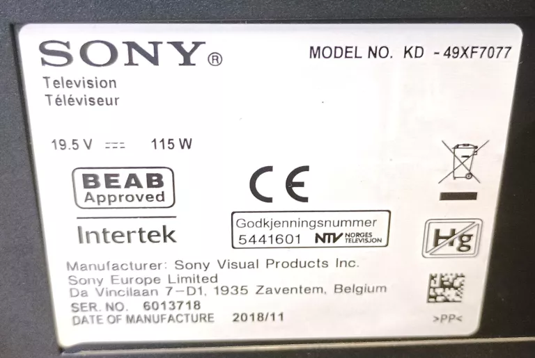 telewizor-sony-kd-49xf7077zasilaczpilot-kod-producenta-kd-49xf7596
