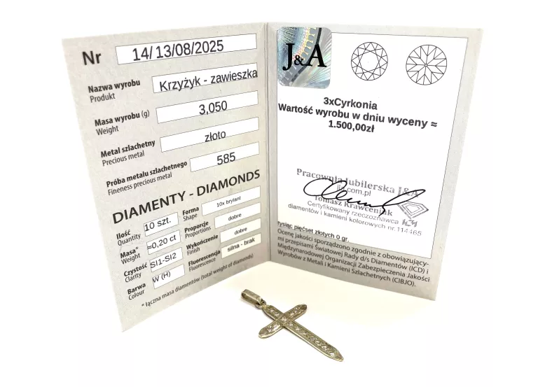 ZŁOTA ZAWIESZKA  KRZYŻ Z BRYLANTAMI   (585) 3,05G