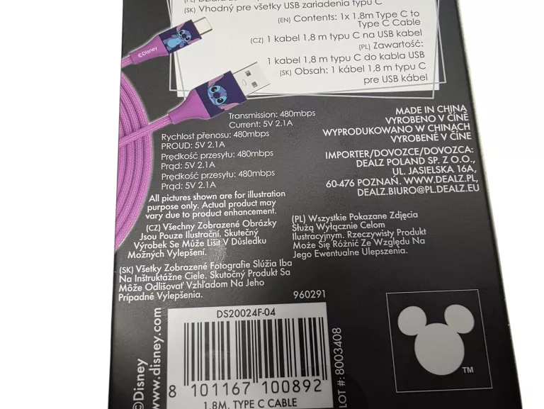 KABEL DO ŁADOWANIA WEJŚCIE USB - USB TYP C MOTYWEM STITCH